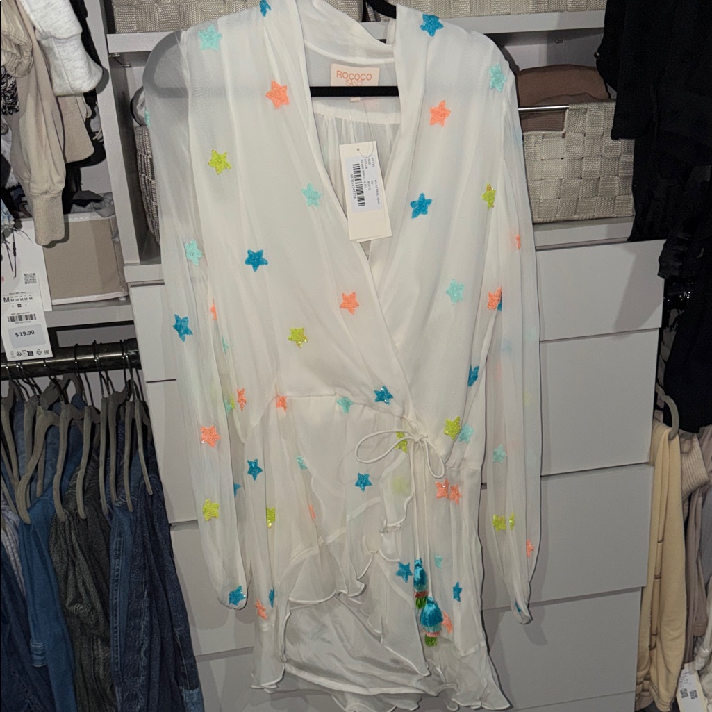 Rococo Sand White Dress With Pink And Blue Star Embellishments